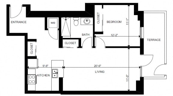 One bedroom, one bathroom apartment layout at Yello On Yates in Victoria, BC