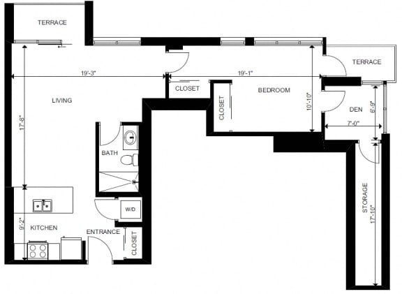 One bedroom plus den, one bathroom apartment layout at Yello On Yates in Victoria, BC