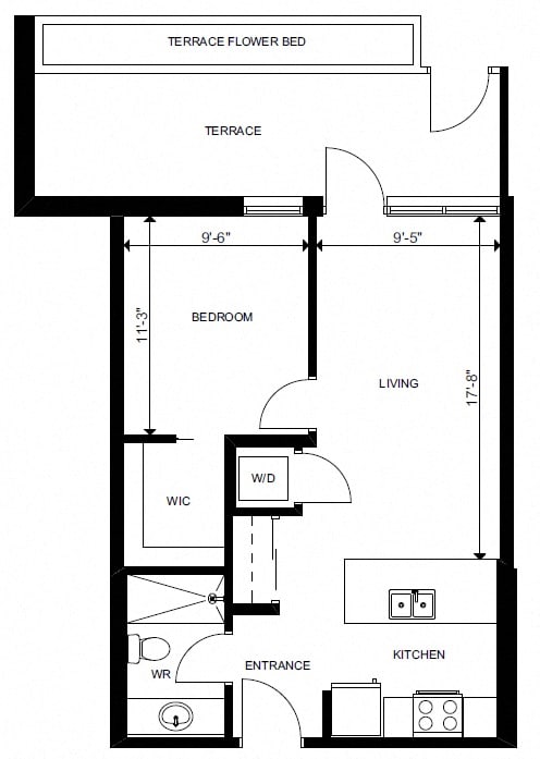 One bedroom, one bathroom apartment layout at Yello On Yates in Victoria, BC