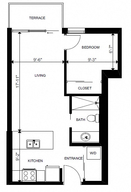 One bedroom, one bathroom apartment layout at Yello On Yates in Victoria, BC