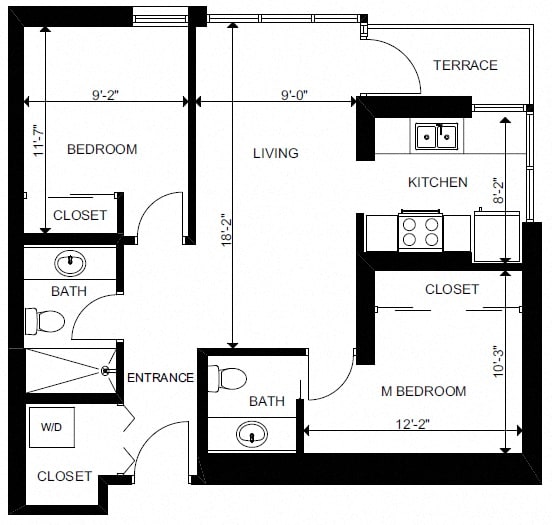 Two bedroom, two bathroom apartment layout at Yello On Yates in Victoria, BC