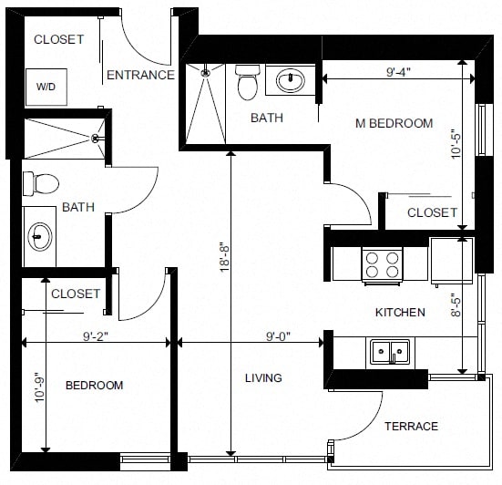 Two bedroom, two bathroom apartment layout at Yello On Yates in Victoria, BC