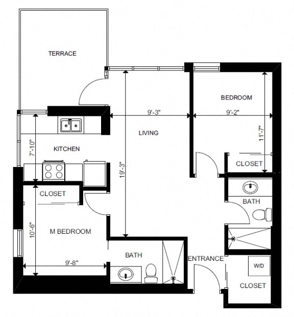 Two bedroom, two bathroom apartment layout at Yello On Yates in Victoria, BC