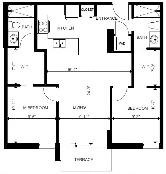 Two bedroom, two bathroom apartment layout at Yello On Yates in Victoria, BC