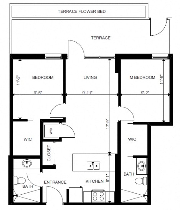 Two bedroom, two bathroom apartment layout at Yello On Yates in Victoria, BC