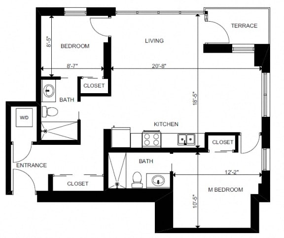 Two bedroom, two bathroom apartment layout at Yello On Yates in Victoria, BC