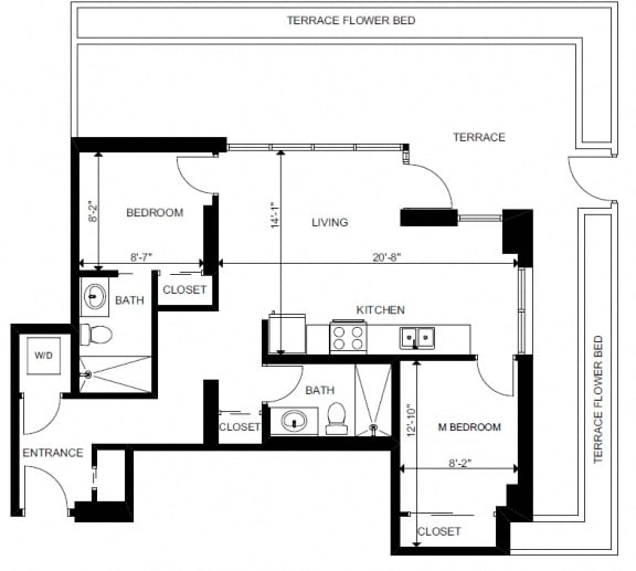 Two bedroom, two bathroom apartment layout at Yello On Yates in Victoria, BC