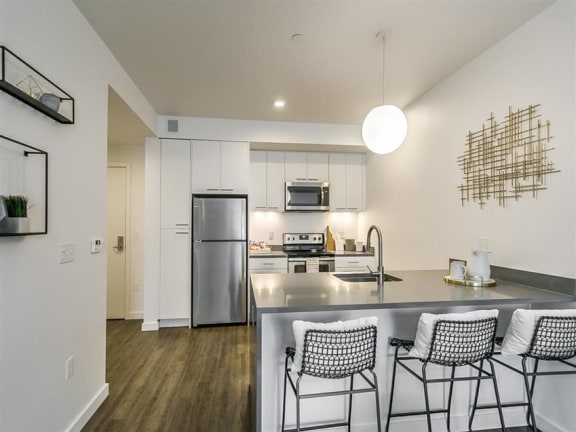 Fridge, Stainless Steel Sink In Kitchen at The Fowler, Boise, ID, 83702