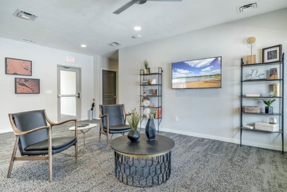 A living room with a television, chairs, and shelves.