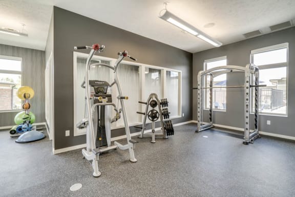 A spacious home gym with a variety of equipment.