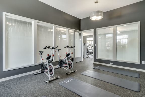 A room with exercise equipment and a grey floor.