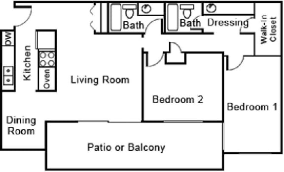A22 Floor Plan at Beverly Plaza Apartments, Long Beach
