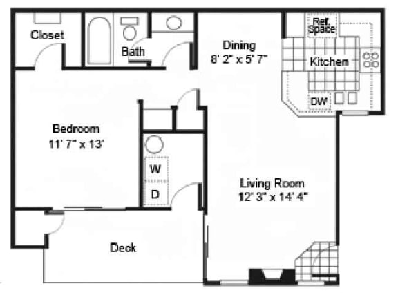 1 Bed 1 Bath Floor Plan at Arroyo Villa Apartments, California, 91320
