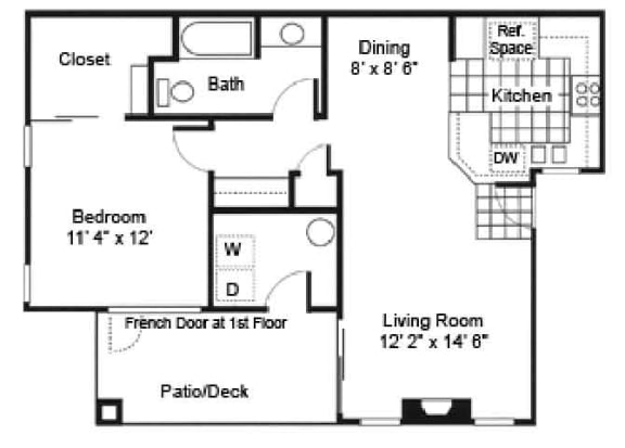 1 Bedroom 1 Bath Floor Plan at Arroyo Villa Apartments, Thousand Oaks, CA, 91320