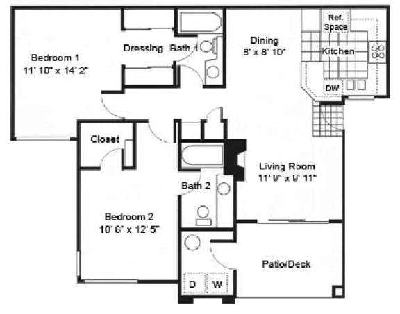 2 Bedroom Floor Plan at Arroyo Villa Apartments, Thousand Oaks, CA