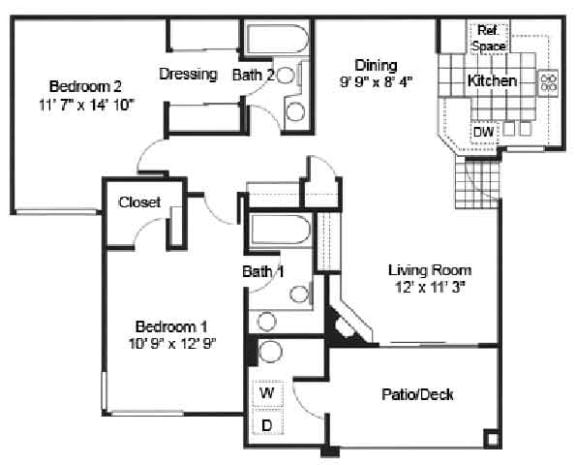 2 Bedroom 2 Bath Floor Plan at Arroyo Villa Apartments, Thousand Oaks, 91320