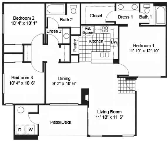 3 Bedroom 2 Bath Floor Plan at Arroyo Villa Apartments, Thousand Oaks, California