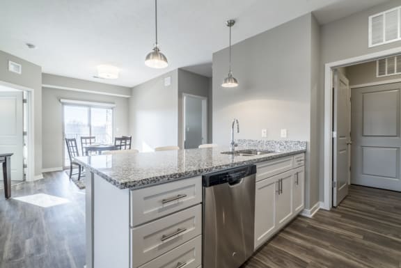 A kitchen with a granite countertop and stainless steel appliances.