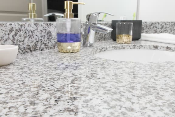 A bathroom counter with a soap dispenser and a sink.