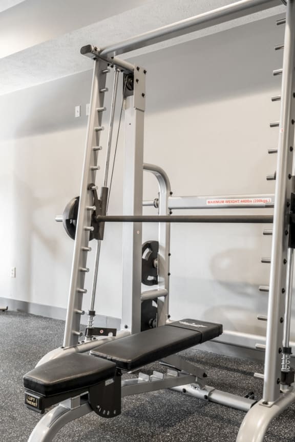 Weight rack in the 24 hour fitness center at The Villas at Mahoney Park in Northeast Lincoln, Nebraska