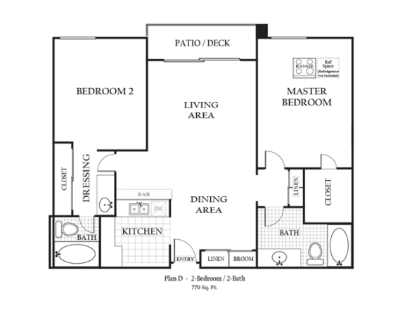 Two Bedroom Two Bathroom featuring a full kitchen and bathroom approximately 770 square feet, Floorplan is an artist rendering and all dimensions are approximate, Actual units vary in dimension and detail. Not all features are available in every unit. Prices and availability are subject to change without notice. Please call a representative for details