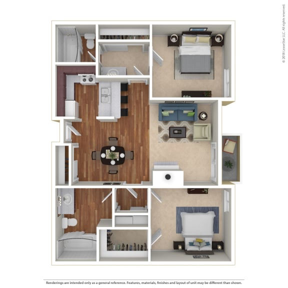 2 Bed 2 Bath Floor Plan at Northview-Southview Apartment Homes, Reseda, California