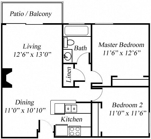 2BR/1BA Floorplan at Twenty 2 Eleven Apartments