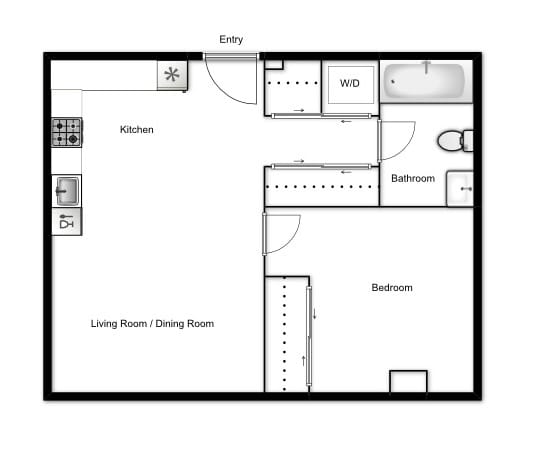 Floor plan of a 1 bed, 1 bath apartment at Novare in New Westminster, BC