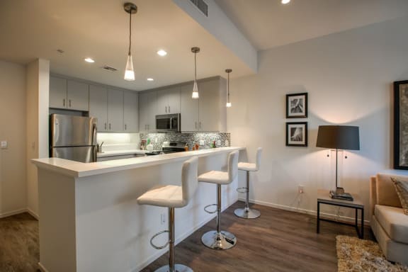 Designer Accents in Glendale Apartments, hardwood floors and quartz countertops, 300 N Central Ave, Legendary Glendale