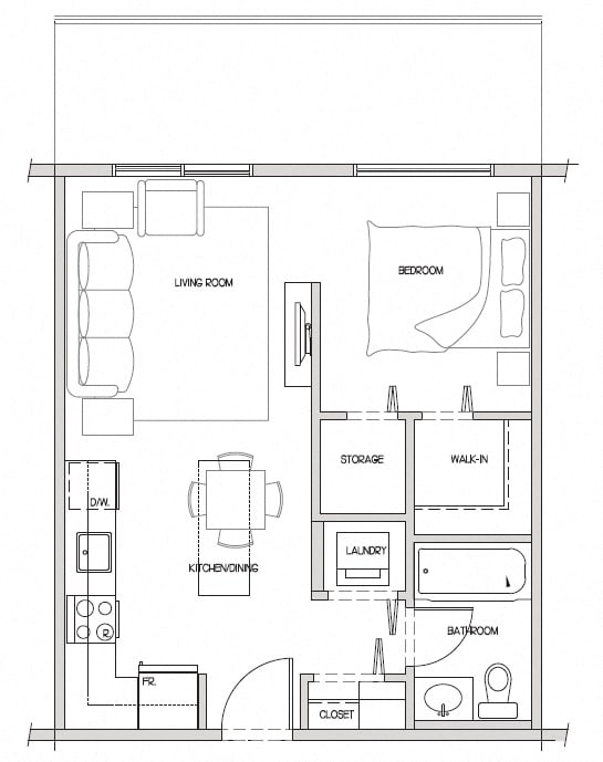 Bachelor, one bathroom apartment layout at Hoylake Apartments in Victoria, BC