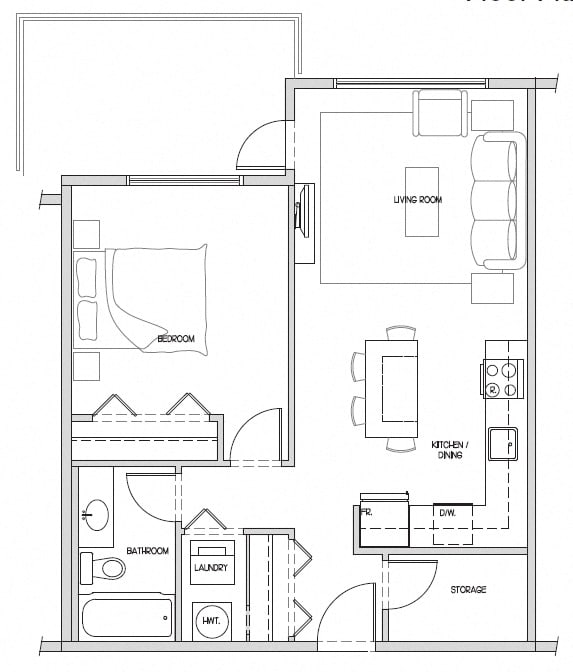 One bedroom, one bathroom apartment layout at Hoylake Apartments in Victoria, BC
