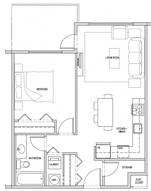 One bedroom, one bathroom apartment layout at Hoylake Apartments in Victoria, BC
