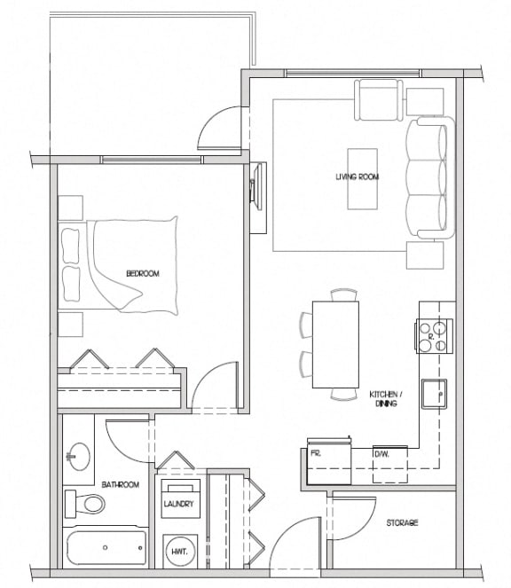 One bedroom, one bathroom apartment layout at Hoylake Apartments in Victoria, BC