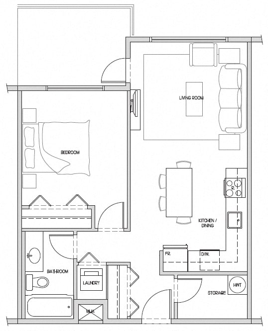 One bedroom, one bathroom apartment layout at Hoylake Apartments in Victoria, BC