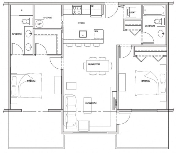 Two bedroom, two bathroom apartment layout at Hoylake Apartments in Victoria, BC