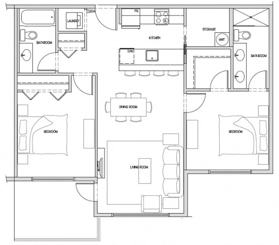 Two bedroom, two bathroom apartment layout at Hoylake Apartments in Victoria, BC