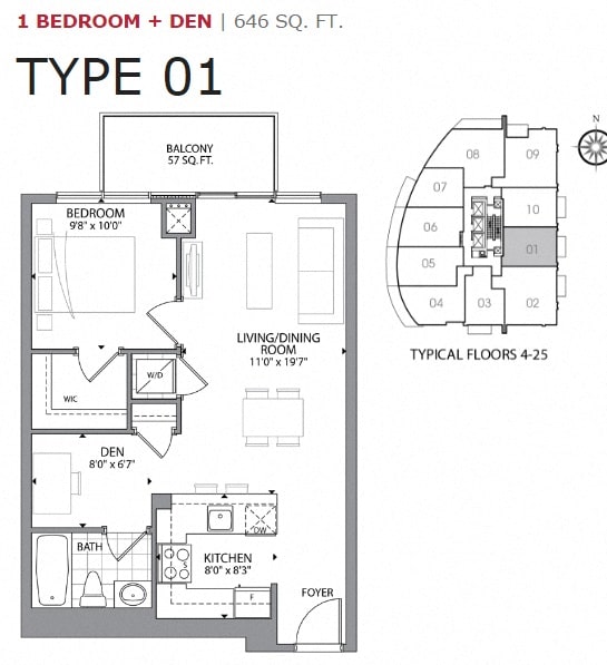 One bedroom plus den, one bathroom apartment layout at Cityview Apartments in Brampton, ON