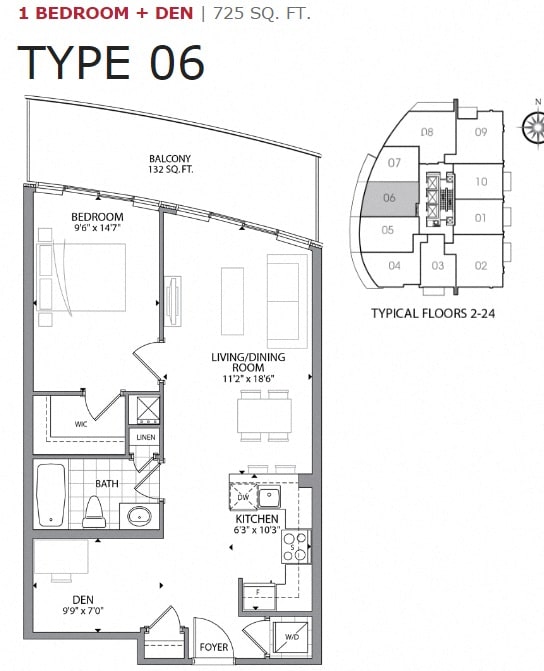 One bedroom plus den, one bathroom apartment layout at Cityview Apartments in Brampton, ON