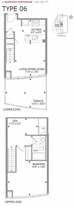 One bedroom plus den, one bathroom apartment layout at Cityview Apartments in Brampton, ON