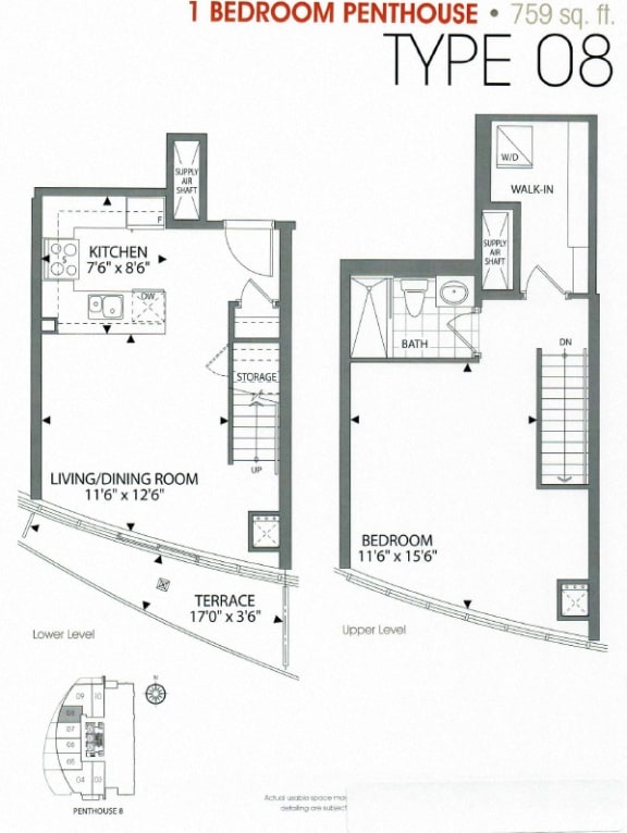 One bedroom, one bathroom apartment layout at Cityview Apartments in Brampton, ON