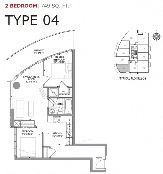 Two bedroom, one bathroom apartment layout at Cityview Apartments in Brampton, ON