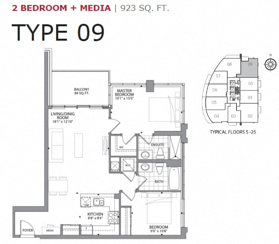 Two bedroom, two bathroom apartment layout at Cityview Apartments in Brampton, ON