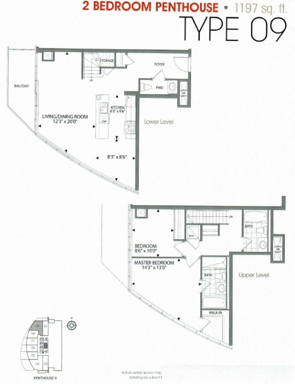 Two bedroom, two bathroom apartment layout at Cityview Apartments in Brampton, ON