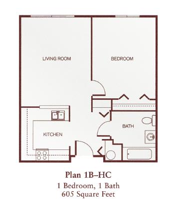 1-bedroom senior apartment floor plan at Park View at Colonial Landing in Elkridge, MD, featuring a spacious layout with natural light, fully equipped kitchen, emergency pull cords, and individually controlled heating and air conditioning—ideal for adults age 62 and better in an award-winning active adult community.