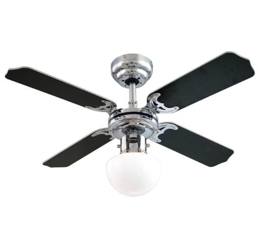 a brushed nickel ceiling fan with four black blades
