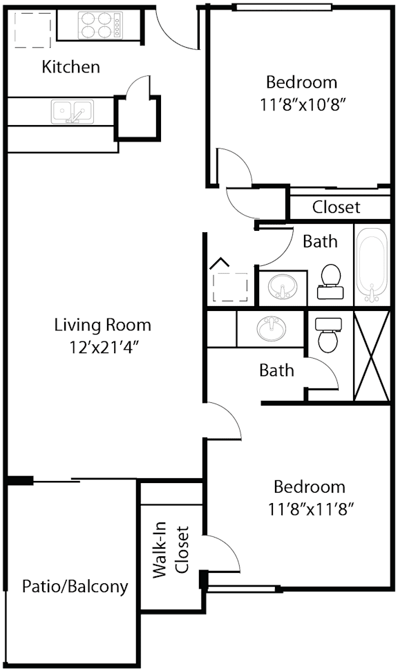 A floor plan of a small apartment with a living room, kitchen, and two bedrooms.