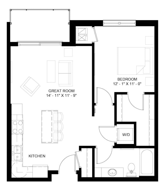 The Logan 1-bedroom floor plan layout
