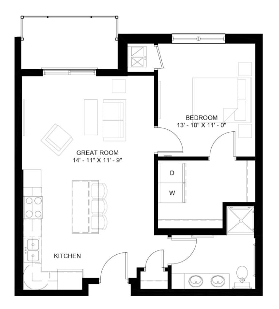 The Logan A 1-bedroom floor plan layout