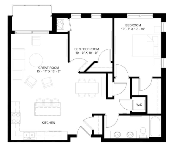 The Cascade with Den 1-bedroom layout