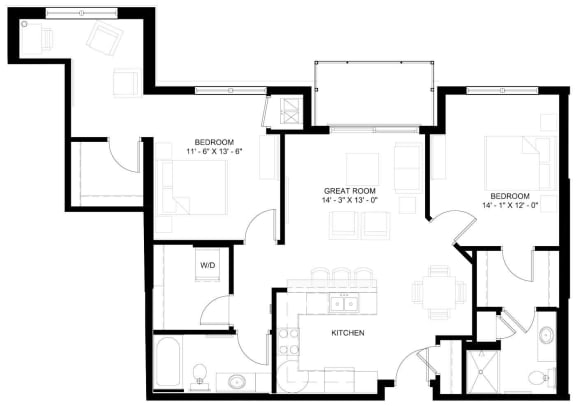 The Lincoln L floor plan with two bedrooms and two bathrooms on each side of the living room